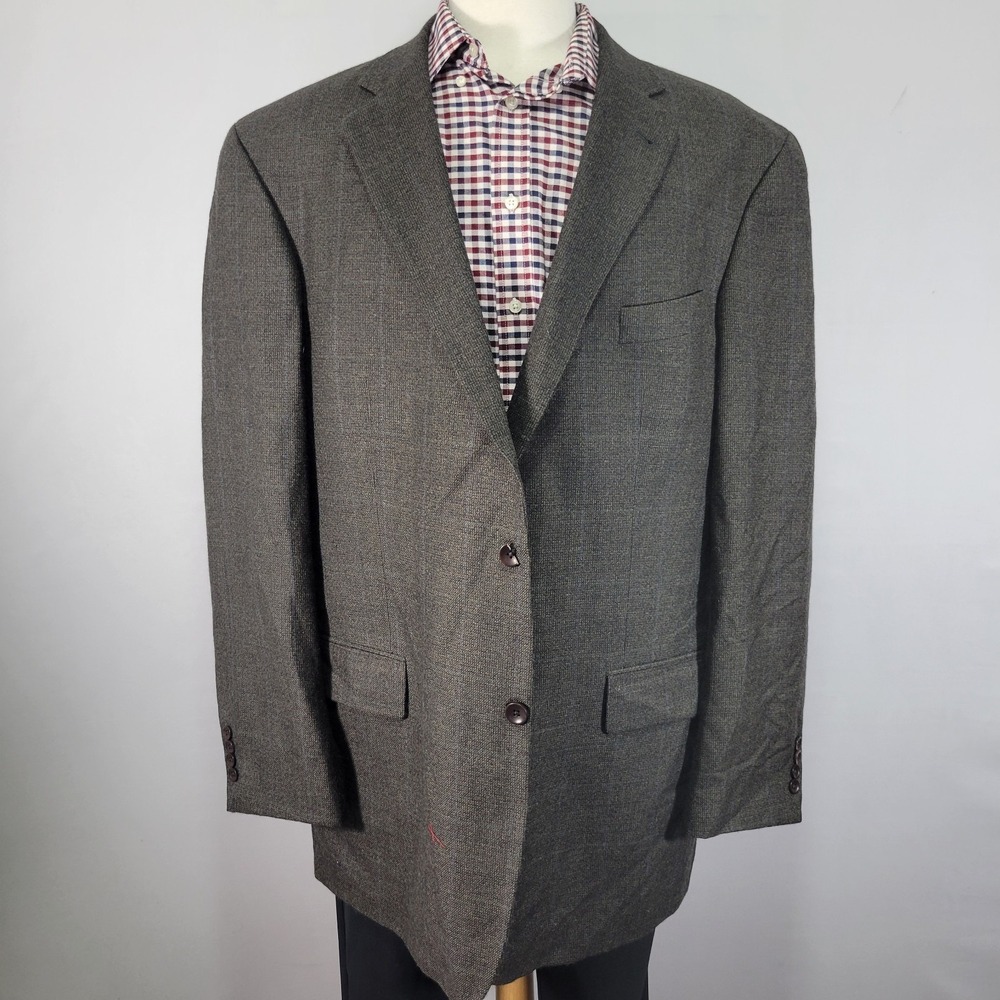 Nautica Men's Flannel Sport Coat Blazer Two Button Brown Plaid Wool Cashmere 48L